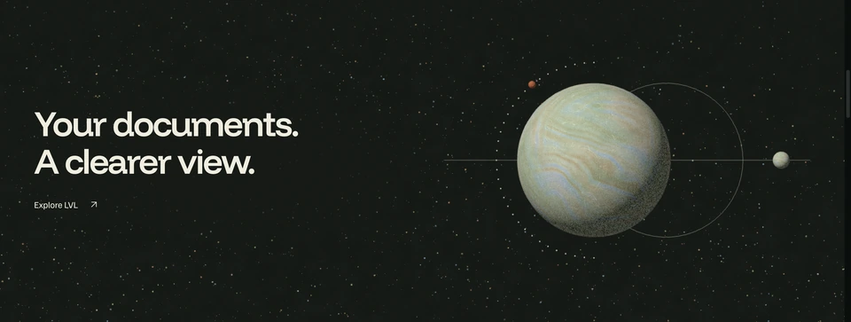 A floating veined mineral sphere and orbit beside the LVL introduction