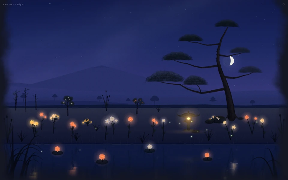 Garzen at night with glowing lanterns