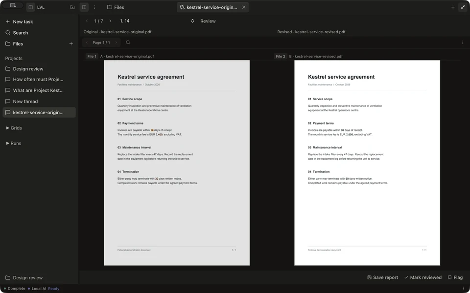 Two fictional service agreements open side by side for comparison